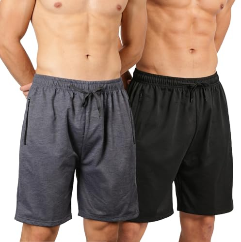 InfiniZer 2 Pack Men's Athletic Shorts Casual Lightweight Activewear Workout Running Gym Shorts with Zip Pockets (UK, Alpha, L, Regular, Regular, Black + Dark Gray)