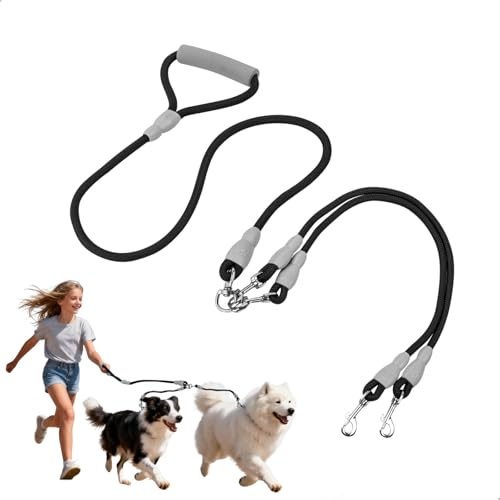 Guinzaglio Doppio per Cani a 1,5M, Guinzaglio Addestramento per Cani con 2 Moschettone, Rotazione a 360°, Impugnatura in Spugna, Guinzaglio Cane per canis di Taglia Medio-Grande (1 Pezzo, Nero)