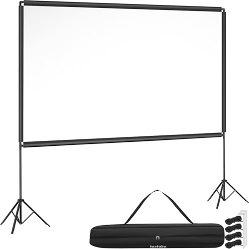 tectake® Projektionsduk med stativ, bärbar 16:9 beamerduk, höjdjusterbar, 4K & full HD kompatibel, 160° betraktningsvinkel, inkl. väska, för hemmabio & utomhusbruk - 265x150 cm