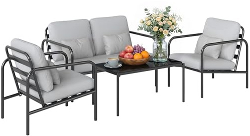 Outsunny Set Salotto da Giardino 4 Pezzi, Set di Mobili da Giardino in Acciaio con Divano 2 Posti, 2 Poltrone, Tavolino in Vetro, Cuscini Spessi, Cuscini Lombari, Salottino da Esterno, Grigio Chiaro