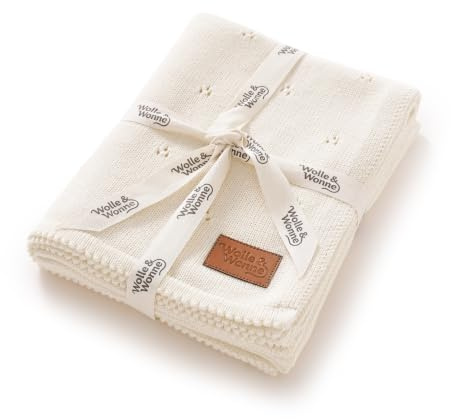 Wolle&Wonne Babydecke aus 100% Baumwollstrick, Mehrfarbig, Weich und Atmungsaktiv, Durchbrochenes Design, Wickeldecke (beige)