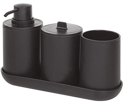 iDesign Badezimmer Set, vierteilige Badgarnitur mit Seifenspender, Zahnbürstenhalter, Wattepadspender und Tablett aus Kunststoff, Badaccessoires für den Waschtisch, schwarz
