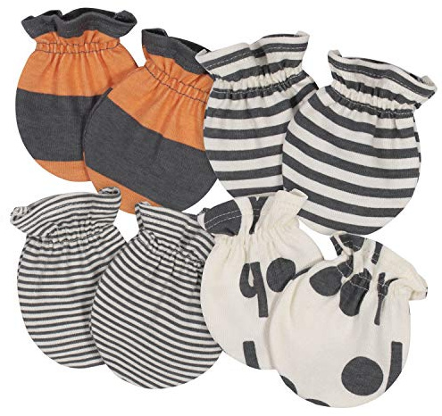 Grow by Gerber Baby Boys 4-Pack Mittens, Grey/Ivory/Orange, 0-3 Months