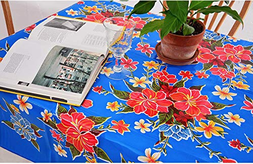 Alux Hibiscus Flowers Oilcloth Tablecloth for Patios, Picnic and Kitchen Tables - Blue and Red - Plastic Vinyl - Mantel de Plastico