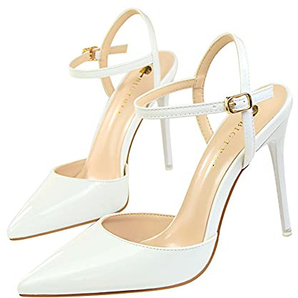 Dammode spetsig hög klack patentläder ankelrem stilett stängd tå klänning flicka sandaler klänning pumps hovskor pumps hovskor för fest nattklubb bröllop häl höjd 10,5 cm, - Vitt - 37 EU