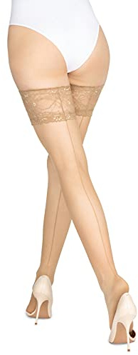 LORES Back Seam Hold Ups Womens Stockings with Wide Lace High Thigh Sexy Lingerie Hosiery Silicone 20 Denier Office, Visone M/L