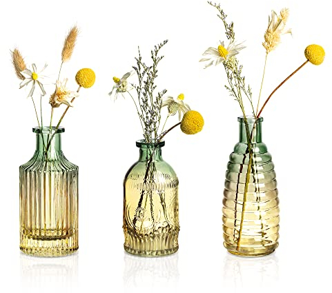 Joeyan Florero de Vidrio Bud Vintage Juego de 3 - Pequeña Jarron de Rayas para el Casa, Oficina, Boda, Centros de Mesa Decoración