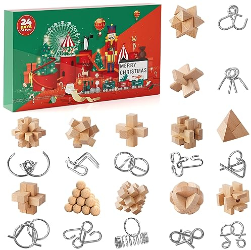 Knobelspiele Adventskalender 2025 für Kinder- 24 Tage Weihnachtskalender Geschenke mit Metall Knobelei und Holzk, 3D Puzzle, Geschicklichkeitsspiele für Jungen, Mädchen, Jugendliche & Erwachsene