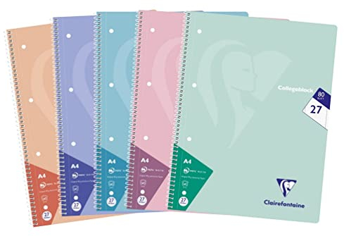 Clairefontaine 306227C - Packung mit 5 Heften / Collegeblöcken, DIN A4, 80 Blatt 90g liniert mit Doppelrand, Lineatur Nr. 27, Pastellfarben sortiert, 1 Pack