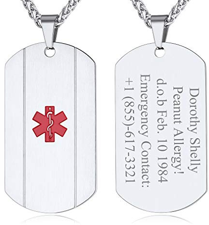 Custom4U Chapa Hombre Alerta Medica Nombres Personalizados Cruz Roja Colgante Placa Rectangular Acero Inoxidable 316L Joyería Identificativa de Abuelos Enfermos Ancianos Niños
