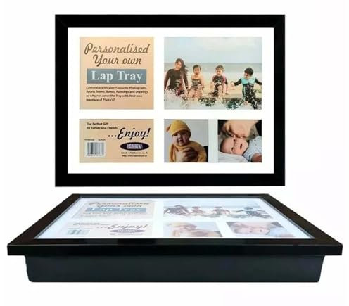 PREMZO Lap Tray Customize Personalized Wooden Soft Padded Bean Bag Cushioned Photos Paintings Great Gift Any Occasion Laptop Breakfast Food Dinner (Black)