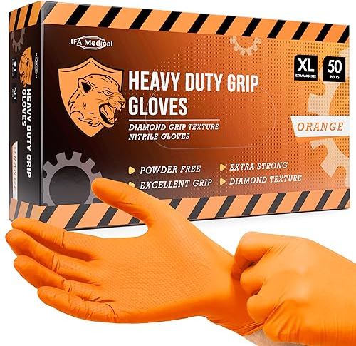 JFA Medical Disposable Heavy Duty Mechanic Powder Free Latex Free Orange Diamond Grip Nitrile Gloves - Box of 50 (Extra Large)