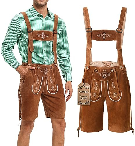 Adisno Herren Lederhosen Braun - Oktoberfest Leder Herren Lederhosen traditionell Deutsch Oktoberfest, Brun, 52