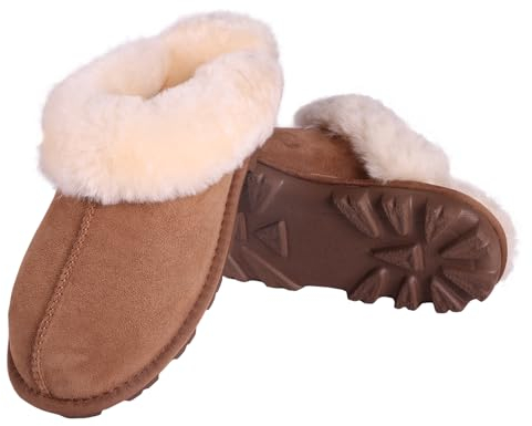 MYLUNE HOME Echte Lammfell Hausschuhe Geschenke für Frauen Flauschige Warme Fell Hausschuhe Damen Pantoffeln Winter Plüsch Schaffell Slipper Damen Leder Wolle Braun Geschenk Frau