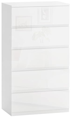 HOMCOM Cómoda con 5 Cajones Cómoda de Dormitorio Moderno con Diseño Anti-vuelco Cajonera para Salón Pasillo 55x33x100 cm Blanco Brillante