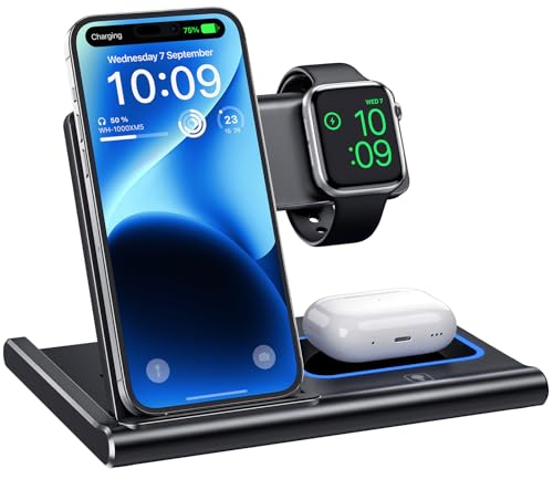 EXW 3 in 1 Induktive Ladestation,Wireless Charger für Apple Watch, Apple Ladestation Kompatibel mit iPhone 17 16 15 14 13 12 11 Pro & Max Serie, AirPods Pro/3/2, Apple Watch (Schwarz)
