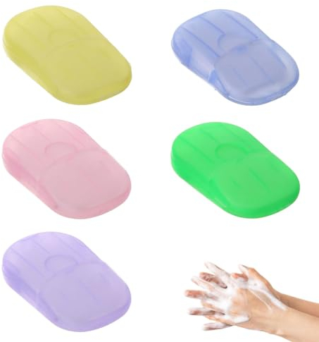 IUDWCG 5 pezzi di fogli di sapone portatili con custodia,fogli di sapone da viaggio,150 fogli di sapone monouso,contenitore portatile,sapone di carta da viaggio per il lavaggio delle mani portatile