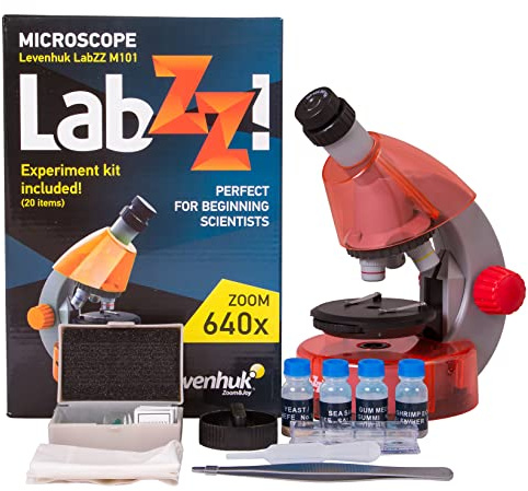 Levenhuk LabZZ M101 Orange 40x-640x Educational Kids Microscope for Science Beginners with STEM Kit, Guide on Home Lab Experiments, Prepared Samples, Useful Tools, and Gift Box, in 5 Colours (IT)