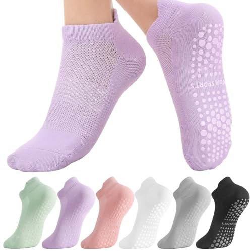 Zuimei 6 Pairs Pilates Socks, Yoga Socks for Women Non Slip Grip Sock Reformer Pilates Grippy Breathable Cotton Sock for Women Ladies Barre Fitness Dance Ballet Hospital Home, UK 4-7