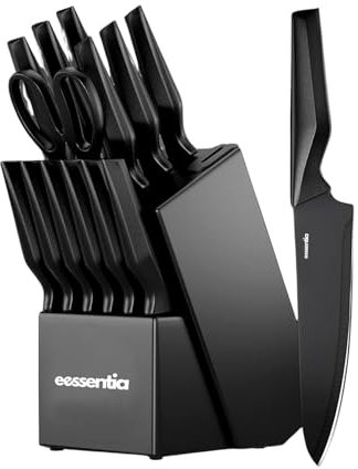 ESSENTIA 15-Piece Kitchen Knife Set – Durable Stainless Steel Professional Knife Set - Includes Chef’s, Bread, Utility, Steak Knives, Sharpener & Block Holder