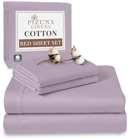 Pizuna 100% Cotton Double Bed Sheet Set Lavender Frost, 400 Thead Count Long Staple Cotton Bedding Set 230x280 cm, Soft Sateen 4 PC Double Bed Sheet Set