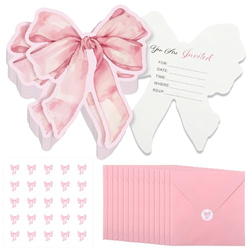 Marspark 25 Set Pink Bow Birthday Invitation Coquette Bow Paper Card with Envelopes and Stickers Wedding Birthday Bachelorette Invitation Party Supplies for Baby Shower Girls Dinner Favors, 5 x 6 Inch