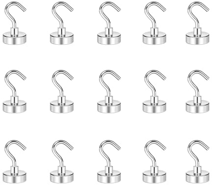 PARFCO 15 Stück Magnetische Haken, 5.5kg Extra Stark Magnet Haken, Silber Magnet mit Haken, 15mm Durchmesser Magnethaken Klein, für Küche Garage Büro