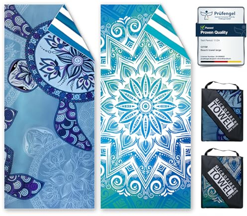 Giyim Beach Towels - 2 Pack 200x90cm Lightweight microfibre beach towel with Mesh Bags, Double Sided Sand Free Absorbent Quick Dry Microfibre Towel for Pool, Gym, Camping & Travel（Turtle & Boho）