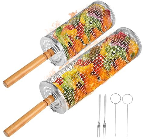 Juego de 2 Cestas para Parrilla Anidadas - Acero Inoxidable 304 con Mango de Madera Desmontable - Para Verduras y Carne - Accesorios para Parrilla/Camping/Barbacoa a Gas