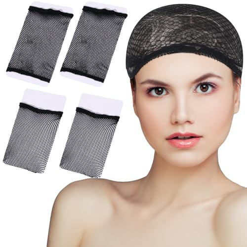 Larrel 4 pezzi di retina per parrucche, extra grande, in nylon, per capelli lunghi, spessi, colore nero