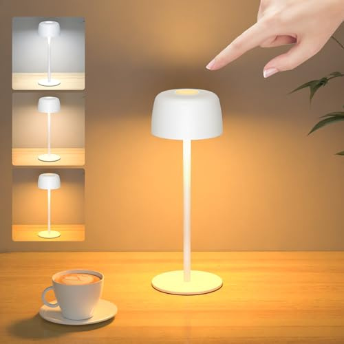 TRUMPETS Lampada da Tavolo Senza Fili Metallo, H:25cm Lampada da Comodino Ricaricabile USB-C, 3 Temperature Colore, IP54 Impermeabile per Ristorante, Camera da Letto, Bar