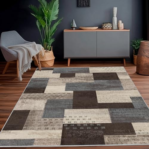 Calinline Grand tapis d'intérieur moderne en patchwork géométrique pour salon, chambre à coucher, collection Rockwood - Décoration de planchers en bois dur - Bleu taupe - 80 x 150 cm