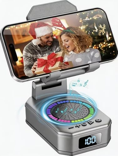 Support de téléphone portable avec haut-parleur Bluetooth sans fil, 2026 Accessoires de bureau Support de téléphone portable avec lumières LED colorées, base antidérapante Son surround HD, cadeau pour