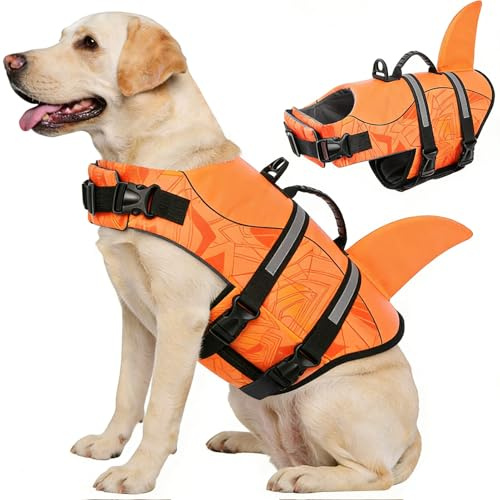 CITÉTOILE Hundflytväst hajdesign med handtag | räddningsväst med reflexer för små, medelstora och stora hundar | optimal säker flytkraft för vattensporter | orange, 2XL