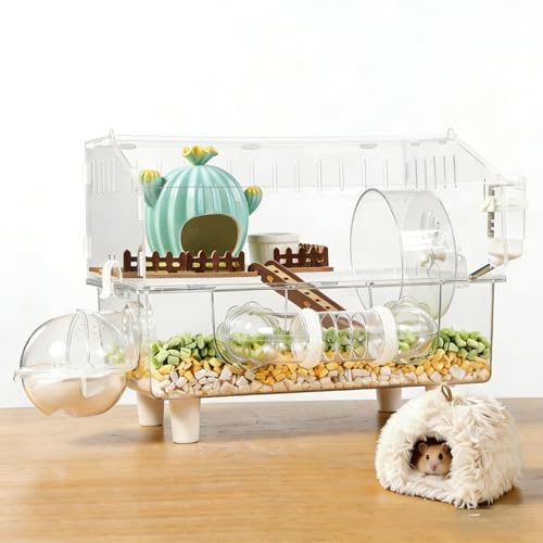 9 in 1 Acrylic Hamster Cage with all accessories 2-Layer Hamster House with full transparent Viewing 2 hideouts, Top Open Mouse Cage for Pet Mice large Hamster Habitat for Dwarf Hamster,Gerbils