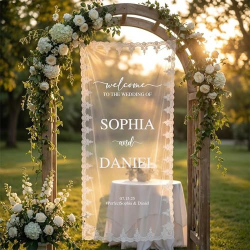 JLSKCN Cartelli di Matrimonio Personalizzati con Nome e Data, Cartello di Benvenuto Personalizzato, Design in Tulle Trasparente, Décoration de Mariage Bohème, Decorazioni per la Cerimonia di Nozze
