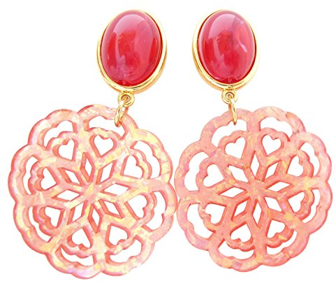Sehr große leichte Ohr-Clips vergoldet Stein rot Anhänger rund orange schillernd auffallend knallig Statement Geschenk Trachten-Schmuck Party Designer JUSTWIN