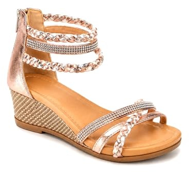 Sandales Femme Petit Talon compensé Bride Cheville tressée & strass,Rose,39 EU