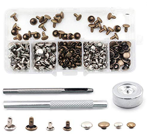 Gasea 120 Sets Leather Rivets Double Cap Button Rivet Tubular Metal Studs with 3 Fixing Tool Kit and Storage Box for Leather Craft Repairing Decoration, 2 Sizes (Silver and Bronze)