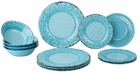 Gimex 12 teiliges Geschirr Set Stone Line Sand-Azur-Opale Campinggeschirr mit Antislip Melamin (Opale)