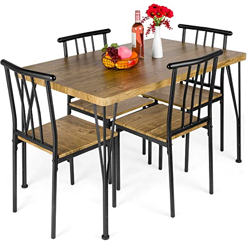 Best Choice Products 5-Piece Metal and Wood Indoor Modern Rectangular Dining Table Furniture Set for Kitchen, Dining Room, Dinette, Breakfast Nook w/ 4 Chairs - Brown