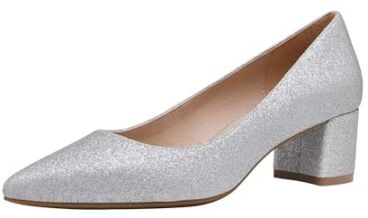 DREAM PAIRS Zapatos de Tacón Ancho Clásicos Mujer con Punta Puntida Zapatos de Salón PU con Plantilla Comodas,Size 37,Plata/Brillo,DPU212