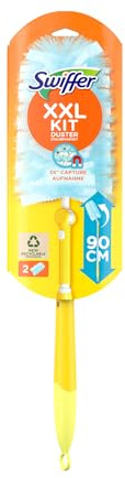 Swiffer Duster XXL Kit, Light Blue/Yellow, Floor Cleaner with 90cm Extendable Wood Handle, Flexible Feather Head, Trap & Lock - 1 Handle + 2 Duster Refills