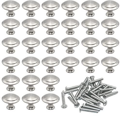 Poignées de Porte Rondes 27 mm 30 Pièces Poignée Tiroir Champignon Forme en Acier Inoxydable Brossé Poignées Rondes de Cuisine en Argent avec 30Pcs Vis pour Meubles Tels Que Tiroirs Placards ​Armoires