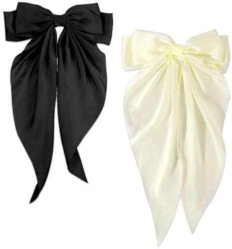 Bow Hair Clip, Hair Bows for Women Big Bowknot Hairpin French Hair Clips with Long Ribbon Solid Color Barrette Clips for Women Girls(Black+creamy-white)