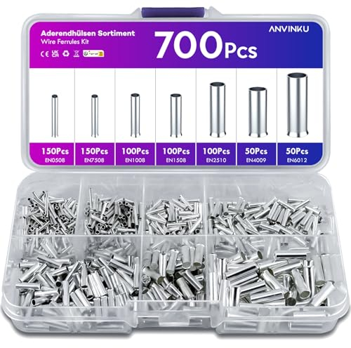 ANVINKU 700 Stück Aderendhülsen Set, 7 Arten Unisoliert Aderendhülsen Sortiment, 10-22 AWG Unisolierte Aderendhülsens Set für DIY elektrische Projekt (0,5/0,75/1/1,5/2,5/4,0/6,0mm²)