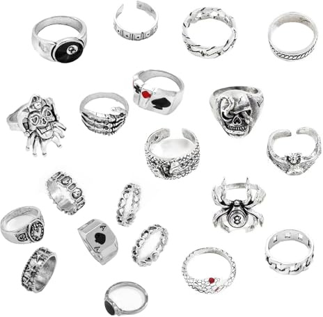 JENCVNL 20Pcs Vintage Silver Knuckle Rings for Women Girls, Gothic Stackable Rings Snake Butterfly Heart Skull Mid Finger Rings Set for Women Teen Girls (Silver Set 1)