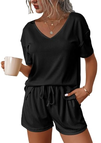 Ekouaer Women's Pyjamas Sets Short Sleeve Pjs Summer Ribbed Women Nightwear V-Neck Top and Shorts with Pockets Black L