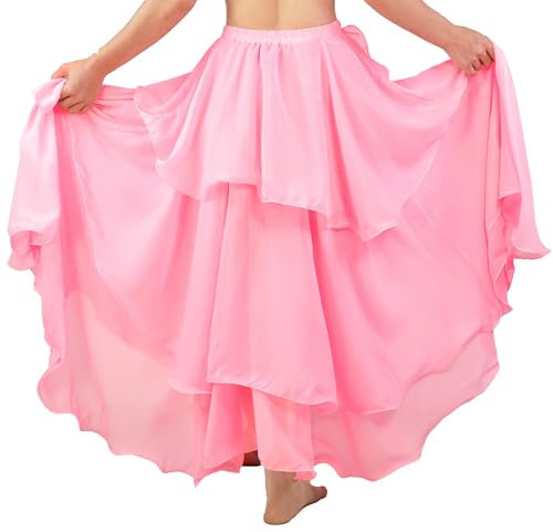 MUNAFIE Langer Chiffon Dreilagig Swing Tanz Röcke für Damen Bauchtanz Rock Tanzkleid Bauchtanz Kostüm Rosa
