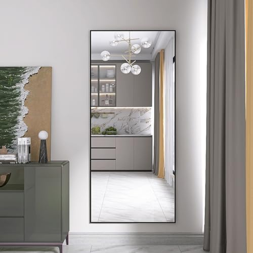 Stående spegel, 180 x 80, stor stående väggmonterad spegel välvd golvspegel med svart aluminiumram långa väggspeglar för badrum sovrum hall (svart + rektangel, 180 x 80)